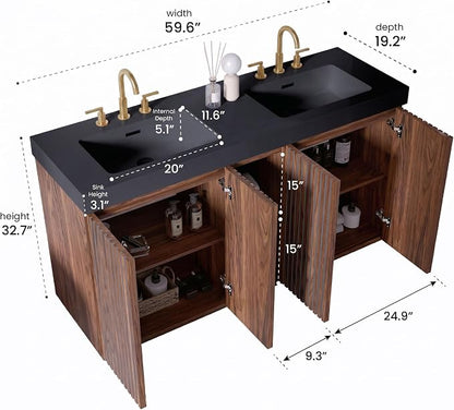 60" Double Bathroom Vanity with Sink (8" Widespread Faucet Holes Predrilled), Mid Century Modern Bathroom Cabinet with 4 Doors & Shelves, Matte Black Sink with Overflow, Walnut