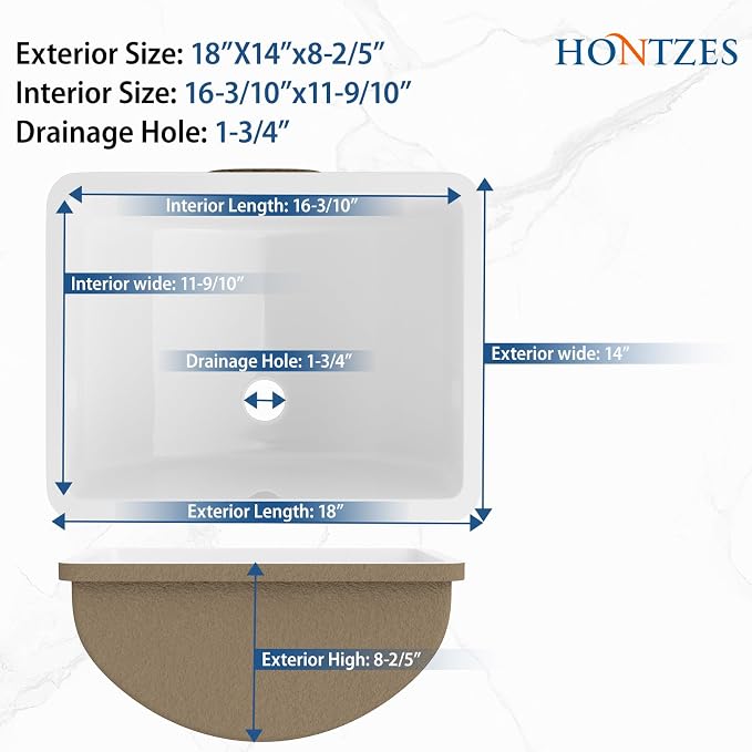 White Undermount Bathroom Sink 18"x14"Ceramic Basin | Modern Porcelain Under Counter Bathroom Vanity Sink, Interior Bowl 16.3"x 16.9", Rectangular Undermount Basin with Overflow