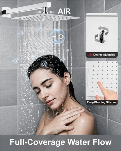 Aolemi Shower System with Tub Spout and Valve Polish Chrome | 10-Inch Square Wall Mounted Rainfall Shower Head and Handheld,3-Function Bathtub Shower Faucet Set