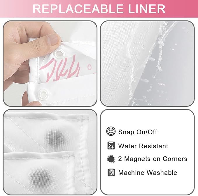 No Hook Shower Curtain and Liner Set, Pink Beach Coastal 71x84 | Nautical Ocean for Bathroom, with Snap in Liner Replacement, Mesh Top Window, Waterproof, Machine Washable, Quick-Drying