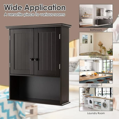 Tangkula Wall Mount Bathroom Cabinet Wooden Medicine Cabinet Storage Organizer with 2-Doors and 1-Shelf Cottage Collection Wall Cabinet (Espresso)