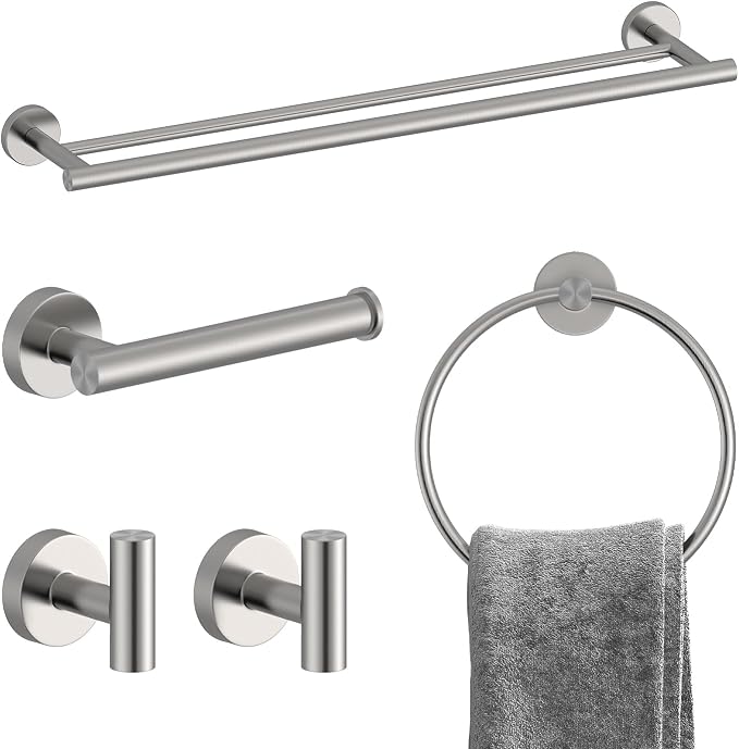 Brushed Nickel Bathroom Accessories Set, SUS304 Stainless Steel 5 Pieces | Bathroom Hardware Set, 24" Double Bath Towel Bar Set, 2 Towel Hooks, Toilet Paper Holder, Towel Racks for Bathroom
