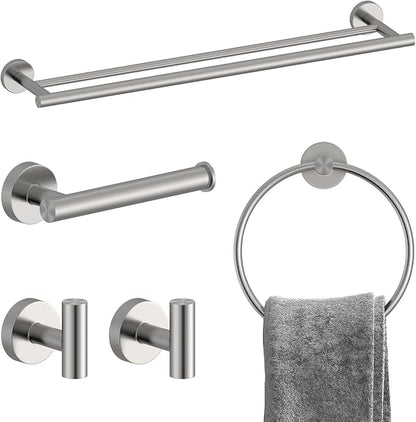 Brushed Nickel Bathroom Accessories Set, SUS304 Stainless Steel 5 Pieces | Bathroom Hardware Set, 24" Double Bath Towel Bar Set, 2 Towel Hooks, Toilet Paper Holder, Towel Racks for Bathroom