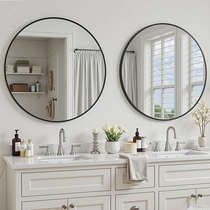 Antok 20 Inch 2PCS Round Mirror for Wall, Round Bathroom Mirror, Circle Wall Mirrors with Black Metal Frame, Circle Mirrors Suitable for Wall, Bathroom, Vanity, Living Room, Entryway