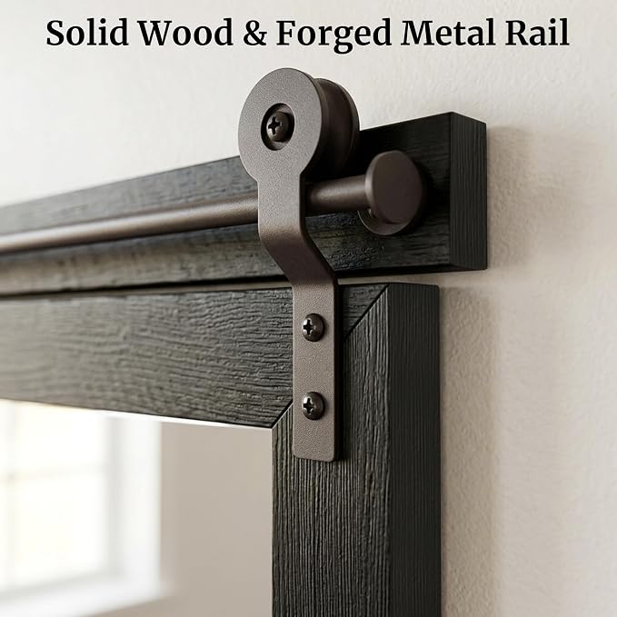24"x36" Black Wood Grain Barn Door Vanity Mirror with Wood Header | 100% solid wood, HD tempered glass, bronze-tone iron rail; farmhouse vanity mirror for over sink, powder room, entryway