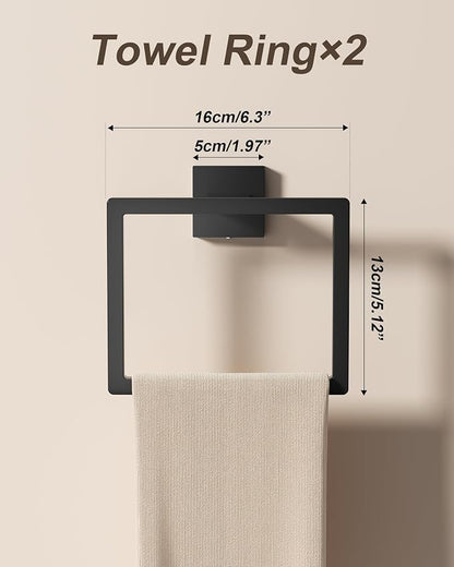 10-Piece Square Bathroom Hardware Set 24" Towel Bar X2, Toilet Paper Holders with Shelves X2, Towel Hooks X4, 2X Towel Rings X2 Bathroom Accessories (Matte Black-16inch)