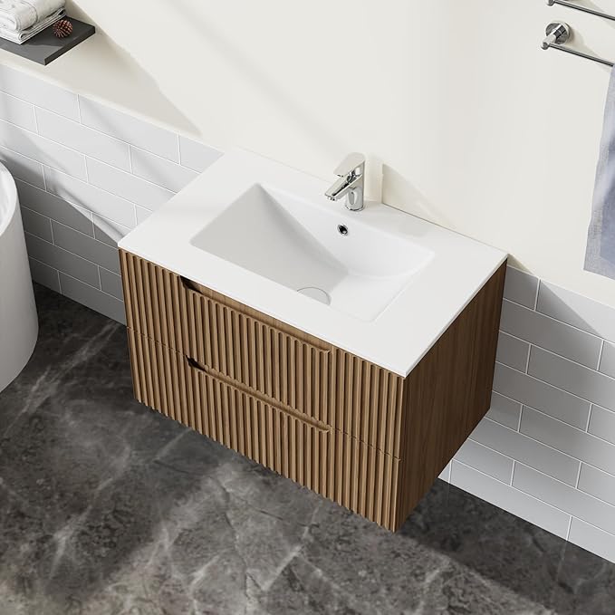 30” Wall Mounted Bathroom Vanity with Sink Floating Bathroom Cabinet Sink Combo, Soft-Close System, 2 Extra Big Drawers, Walnut