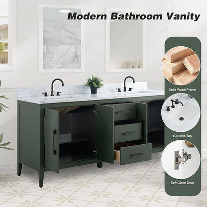 HomeBeyond 72 Inch Bathroom Vanity with Sink & Ceramic Top, Double Vanity Cabinet with Basin, Soft-Closing Doors & Matte Black Hardware, Vintage Green