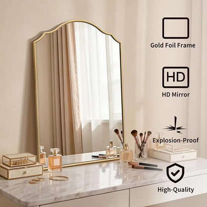 Besdomus Bathroom Mirrors for Over Sink: 24"x36" Gold Wooden Arched Mirror | Modern Minimalist Scalloped Decorative Wall for Vanity/Dresser/Mantel/Bedroom/Entryway/Hallway/Fireplace/Nightstand