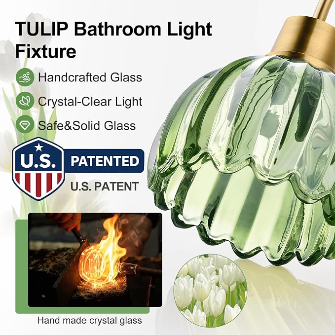 Bathroom Light Fixtures (3-Light, 20 in), Brushed Gold Vanity Lights for Bathroom with Ribbed Green Tulip Glass Shade, Vintage Vanity Wall Lights for Mirror Bedroom Living Room Hallway