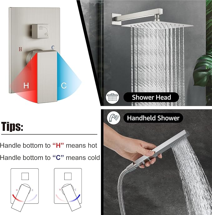 Midanya Shower Faucet Set,Wall Mount Shower System with Square Rain Shower Head and Hand Sprayer, Rough-in Valve Body and Trim Kit Included,10 Inch,Brushed Nickel