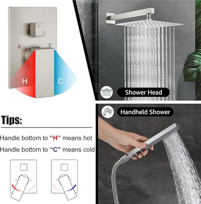Midanya Shower Faucet Set,Wall Mount Shower System with Square Rain Shower Head and Hand Sprayer, Rough-in Valve Body and Trim Kit Included,10 Inch,Brushed Nickel