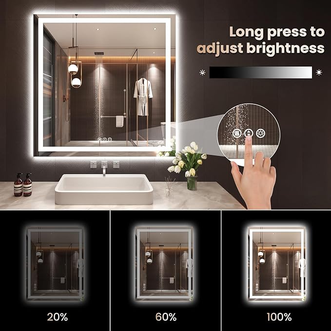 Snowdool 36 x 36 in LED Bathroom Mirror, Front and Backlit, Anti-Fog | Front and Backlit, 3 Color Temperatures, Anti-Fog, Tempered Glass
