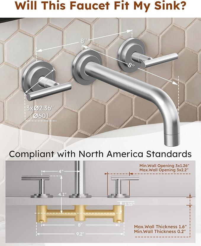 Brushed Nickel Bathroom Faucet,WOWOW 2 Handle Wall Mount Bathroom Faucet, Vessel Sink Faucet Wall Mount and Brass Rough-in Valve Included