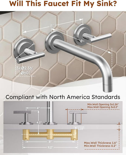 Brushed Nickel Bathroom Faucet,WOWOW 2 Handle Wall Mount Bathroom Faucet, Vessel Sink Faucet Wall Mount and Brass Rough-in Valve Included