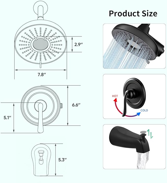 Tub Shower Faucet Set Valve Included with 6-Inch filter Rain Shower Head and Tub Spout Single-Handle Tub and Shower Trim Kit Matte Black
