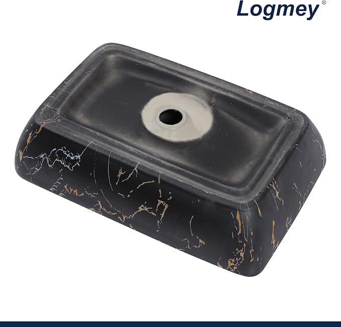 Logmey Rectangle Marble Black Vessel Sink | 23"x15" Ceramic Countertop Bathroom Sink Modern Black Yellow Marble Pattern Porcelain Vanity Sink Lavatory Art Basin