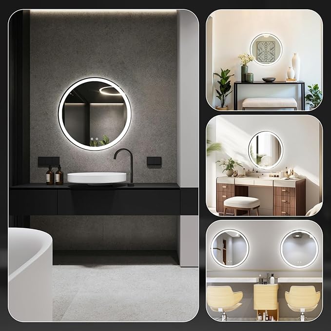 DUMOS 28 Inch Round LED Bathroom Mirror with Lights, Circle Vanity Mirror with Anti-Fog, Dimmable, 3-Color Light, Memory Function, Tempered Glass