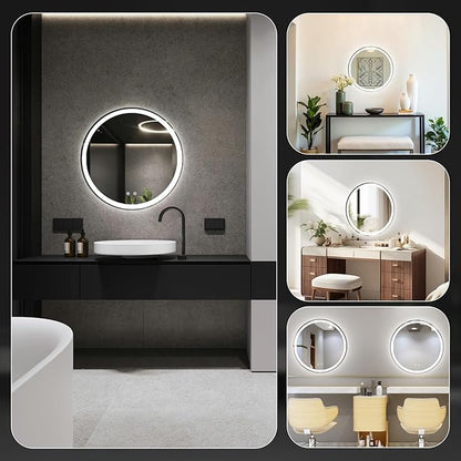 DUMOS 28 Inch Round LED Bathroom Mirror with Lights, Circle Vanity Mirror with Anti-Fog, Dimmable, 3-Color Light, Memory Function, Tempered Glass