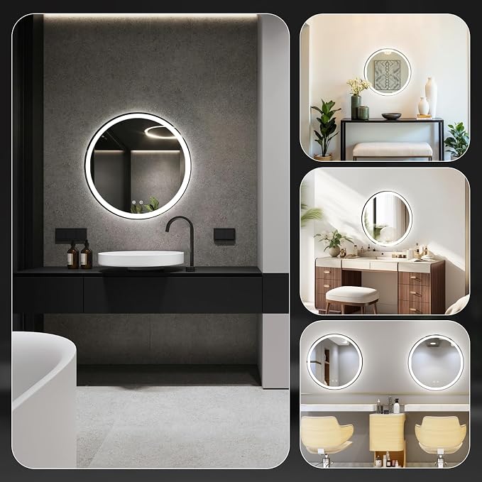 DUMOS 28 Inch Round LED Bathroom Mirror with Lights, Circle Vanity Mirror | Anti-Fog, Dimmable, 3-Color Light, Front Light and Backlit, Memory Function, Tempered Glass