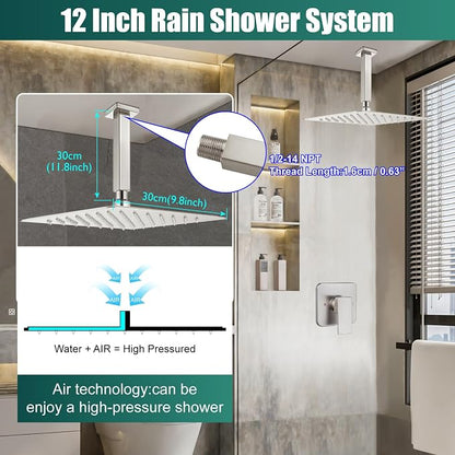 Heyalan 12-Inch Ceiling Mount Shower Faucet Set with Valve,Brushed Nickel | Rainfall shower head, ceiling-mount design, SUS304 steel, adjustable angle, single-handle control
