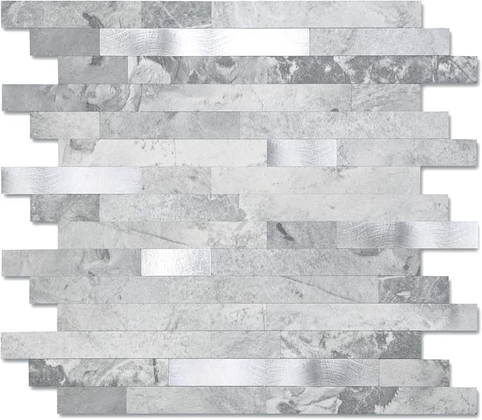 Yipscazo 20 Sheets Peel and Stick Stone Metal Tile Backsplash, Stick on Tiles for Backsplash Kitchen, Bathroom, Laundry Room, Camper, Fireplace (12'' X 12'', Gray Stone with Metal)