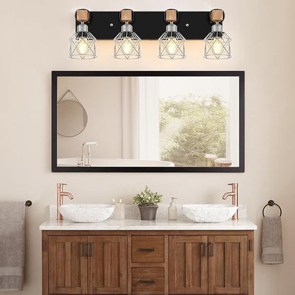 FadimiKoo Farmhouse Vanity Light for Bathroom, 4-Light Rustic Wood Black Bathroom Light Fixtures with Elegant Silver Metal Cage, Vintage Vanity Lights Over Mirror for Living Room Bedroom Hallway