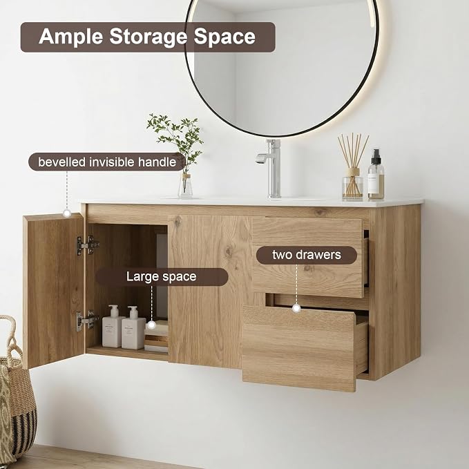 84"Modern Floating Double Sink Bathroom Vanity, Wall Mounted Bathroom Cabinet with U-Shaped Drawers, Beveled Invisible Handles Open Side Shelf, FSC Certified Wood Veneer (Wood color, 84 lnch)