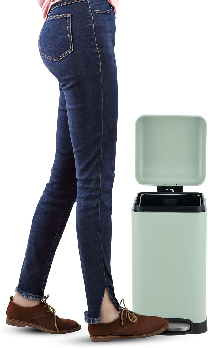 happimess Betty Retro Mini 3.2 Gal Step Trash Can, Pistachio Gelato | Soft-Close Lid, Removable Liner, Iron, Hands-Free Pedal, Satin Finish, Non-Skid Base, Built-In Damper, Modern, Minimalistic