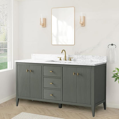 HOMEBEYOND 60" Bathroom Vanity with Single Sink, Solid Wood Bathroom Vanity Free-Standing Cabinet, Ceramic Top & Soft Closing Door, Golden Brushed Handware, Vintage Green