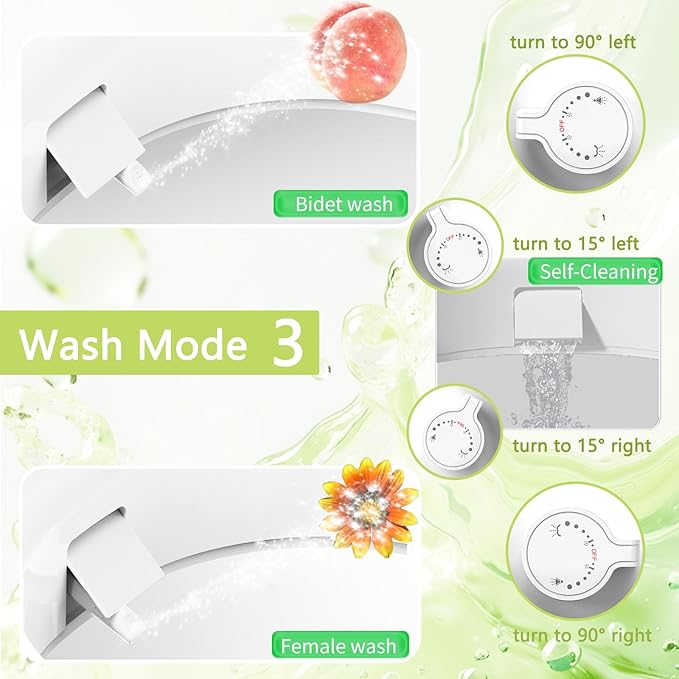 Raised Toilet Seat Bidet 2.91in, Elongated Bidet Toilet Seat, 3 Wash Mode, Soft Close & Quick Release, no Electric, Adjustable Anti-Slip Pad, Home/Commercial Use for Senior, 18.5inch, White
