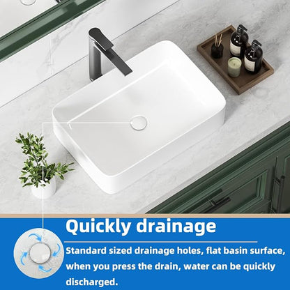 20" x 13.5" Rectangular Vessel Sink for Bathroom - KINGWONG Above Counter White Ceramic Porcelain Vanity Sink, Shallow Depth 4.3", No Overflow Hole, Top Mount Bathroom Basin for Modern Home