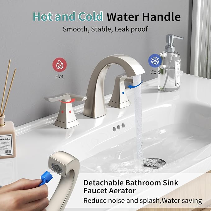 SR SUN RISE Bathroom Sink Faucet 8 in, 3 Hole, NSF Certified,Brushed Nickel | Come with Pop-up Drain Assembly, 2 Handles, 2 Water Supply Lines, Widespread Sink Faucet for Vanity, RV, and Bathroom
