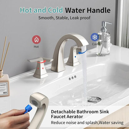 SR SUN RISE Bathroom Sink Faucet 8 in, 3 Hole, NSF Certified,Brushed Nickel | Come with Pop-up Drain Assembly, 2 Handles, 2 Water Supply Lines, Widespread Sink Faucet for Vanity, RV, and Bathroom