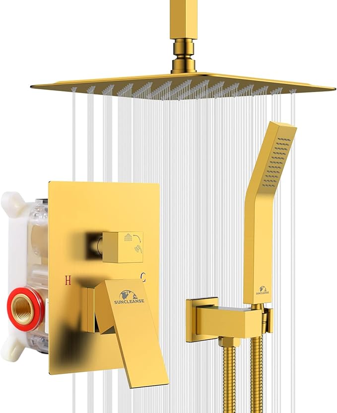 SunCleanse Rainfall Shower System Brushed Gold Ceiling Mounted Shower System Combo Set with High Pressure 12 Inches Square Rain Shower Head Handheld and Shower Faucet Rough-in Mixer Valve and Trim