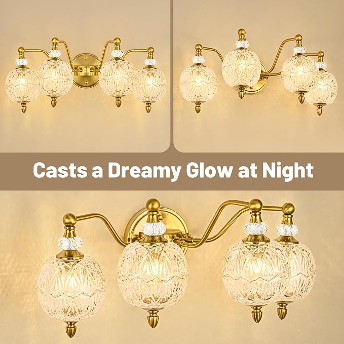 Vintage Bathroom Vanity Light, 4-Light Mid Century Brushed Gold Finish Wall Sconce with Globe Glass Shades, Retro Mirror Light for Bathroom, Powder Room