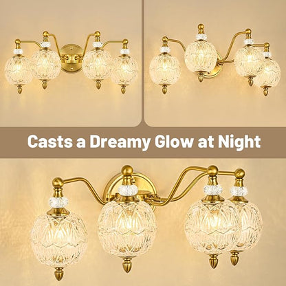Vintage Bathroom Vanity Light, 4-Light Mid Century Brushed Gold Finish Wall Sconce with Globe Glass Shades, Retro Mirror Light for Bathroom, Powder Room