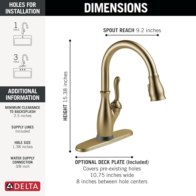 Delta Leland Touchless Kitchen Faucet with Touch Technology, Brushed Gold Kitchen Sink Faucet with Pull Down Sprayer, Single Hole, Champagne Bronze 9178TL-CZ-DST