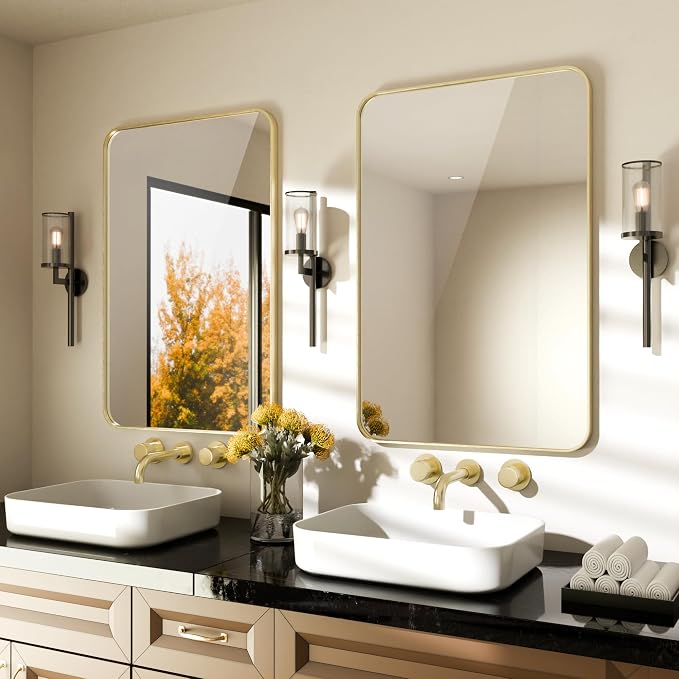 2-Pack Brushed Gold Bathroom Mirror for Over Sink, 24" x 36" Framed Rectargular Wall-Mounted Bathroom Mirrors for Vanity, Decorative, Farmhouse, Restroom, Horizontally or Vertically Hanging