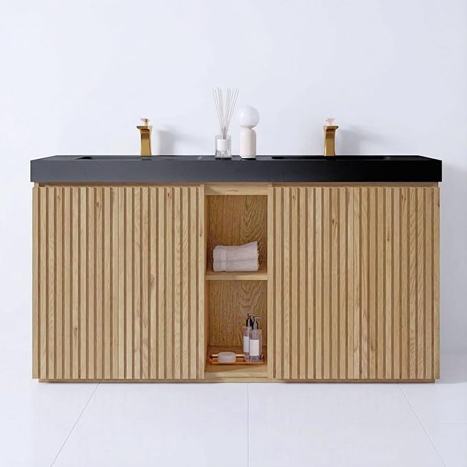 60" Double Bathroom Vanity with Sink Combo, Mid Century Modern Bathroom Cabinet with Doors & Shelves, Matte Black Integrated Sink with Overflow, Light Oak