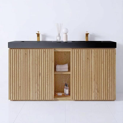 60" Double Bathroom Vanity with Sink Combo, Mid Century Modern Bathroom Cabinet with Doors & Shelves, Matte Black Integrated Sink with Overflow, Light Oak