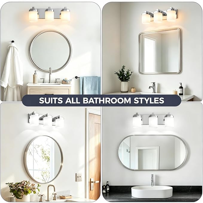 Modern Vanity Lights for Bathroom, Farmhouse Lighting Fixtures | 3-light chrome bathroom light fixtures over mirror, 17 inches bathroom light wall sconce with milky white square glass shade