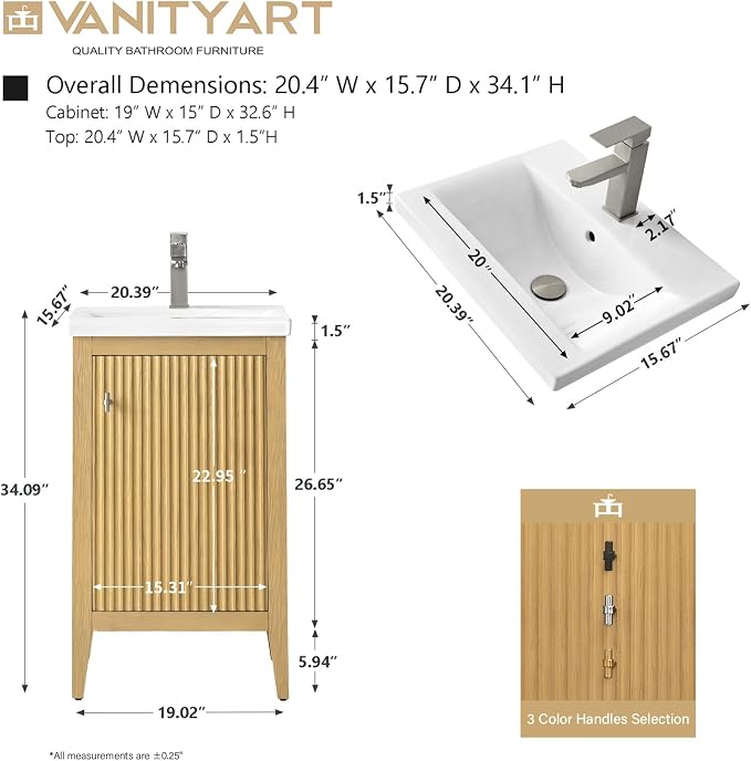 Vanity Art 20 inch Oak Bathroom Vanity with Single Sink & Ceramic Top, Vanity Cabinet with Soft-Closing Door, Solid Wood Frame, Linear Pattern, Natural Oak, VA9120-NO-MB,Matte Black Handles