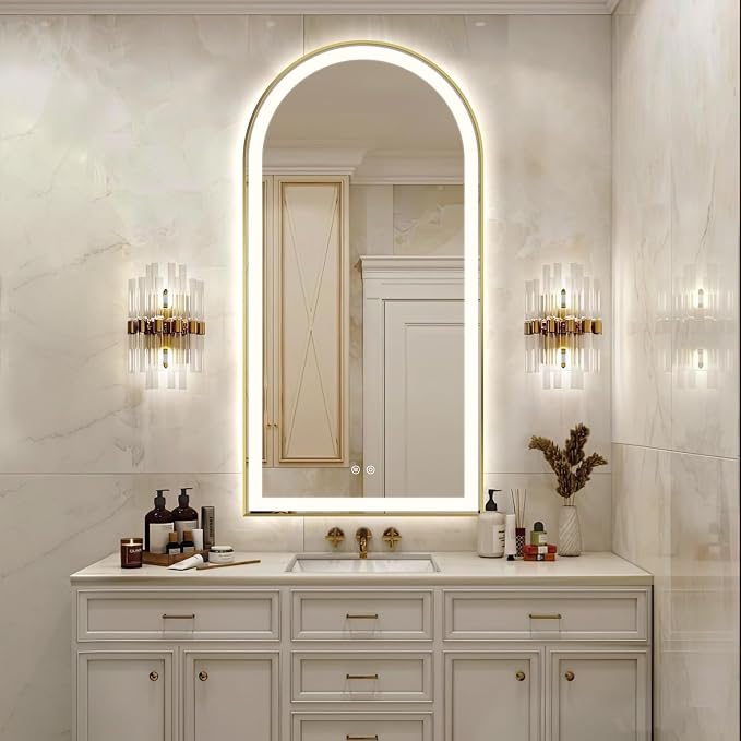 Arched LED Bathroom Mirror, 48"x24" Arch Backlit Vanity Mirror with Lights, Frontlit, Dimmable, 3 Colors, Memory Function, Anti-Fog Smart Mirror, Shiny Gold Frame, Shatterproof, UL Listed