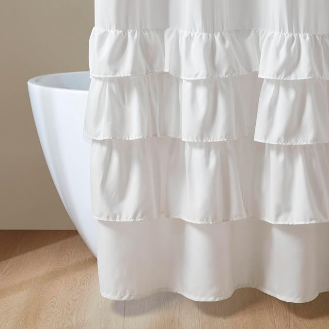 Madison Park Grace Ruffle Shower Curtain for Bathroom, 72"x 72", White | Farmhouse Cottage Top, Machine Washable, Shabby Chic Ruffled Decor Fabric, Privacy Screen, Solid Color