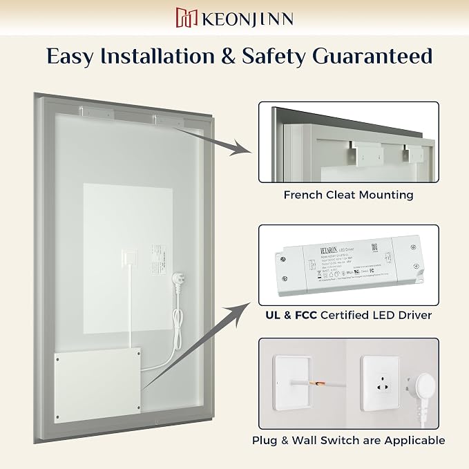 Keonjinn 40 x 30 Inch Backlit Mirror, Bathroom Mirror with Lights Dimmable | 6000K Bright Daylight, Adjustable Brightness, Anti-Fog, Safety Tempered Mirror, Waterproof, Mounted Vertically/Horizontally