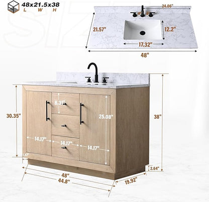 HOMEBEYOND 48 Inch Bathroom Vanity with Single Sink & Ceramic Top, MDF Material Vanity Cabinet with Basin Combo, Soft-Closing Doors, Removable Shelf, Backsplash
