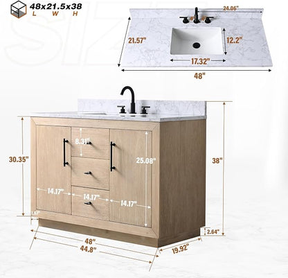 Vanity Art 48" Bathroom Vanity with Sink, Vanity Cabinet with Doors and Shelf, Modern Wood Bathroom Vanity with White Marble Top, Solid Wood Frame, 3 Functioning Drawers,VA70-48-LW-E