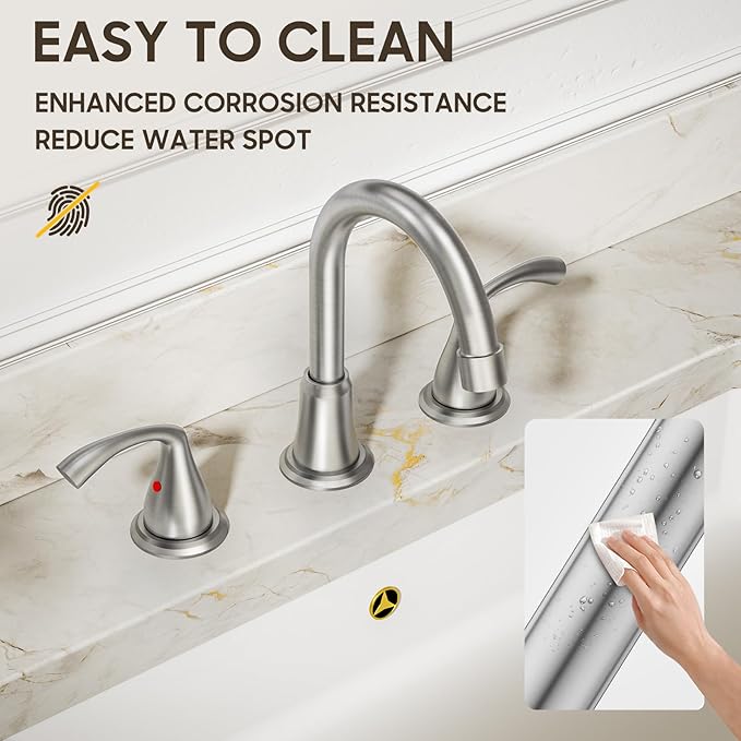 Phiestina 8 Inch Brushed Nickel Widespread Bathroom Sink Faucet, 2 Handle 3 Hole Bathroom Faucet with Metal Pop up Drain and Water Supply Lines, WFJC180-BN