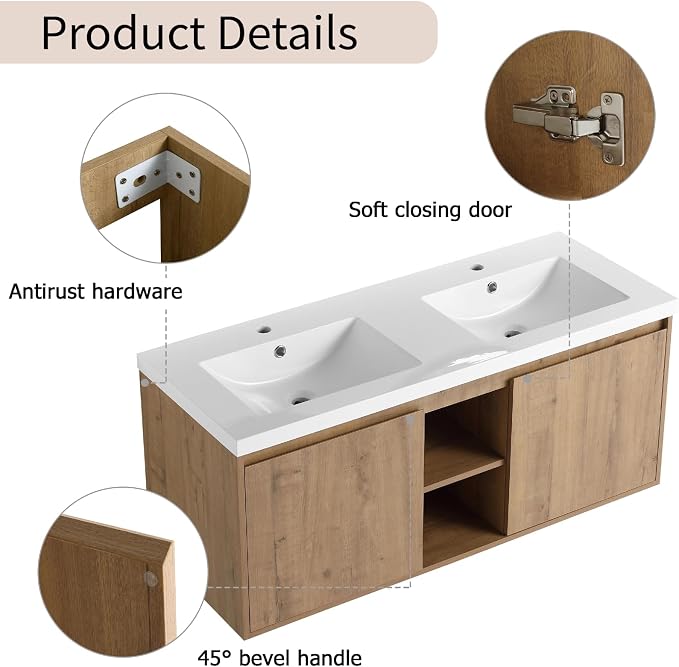 Floating Bathroom Vanity, 48" Bathroom Storage Cabinet with Double Resin Sinks, 2 Soft-Close Doors & 2 Open Storage Shelves, Modern Wall-Mounted Vanity with 45° Bevel Handles, Oak